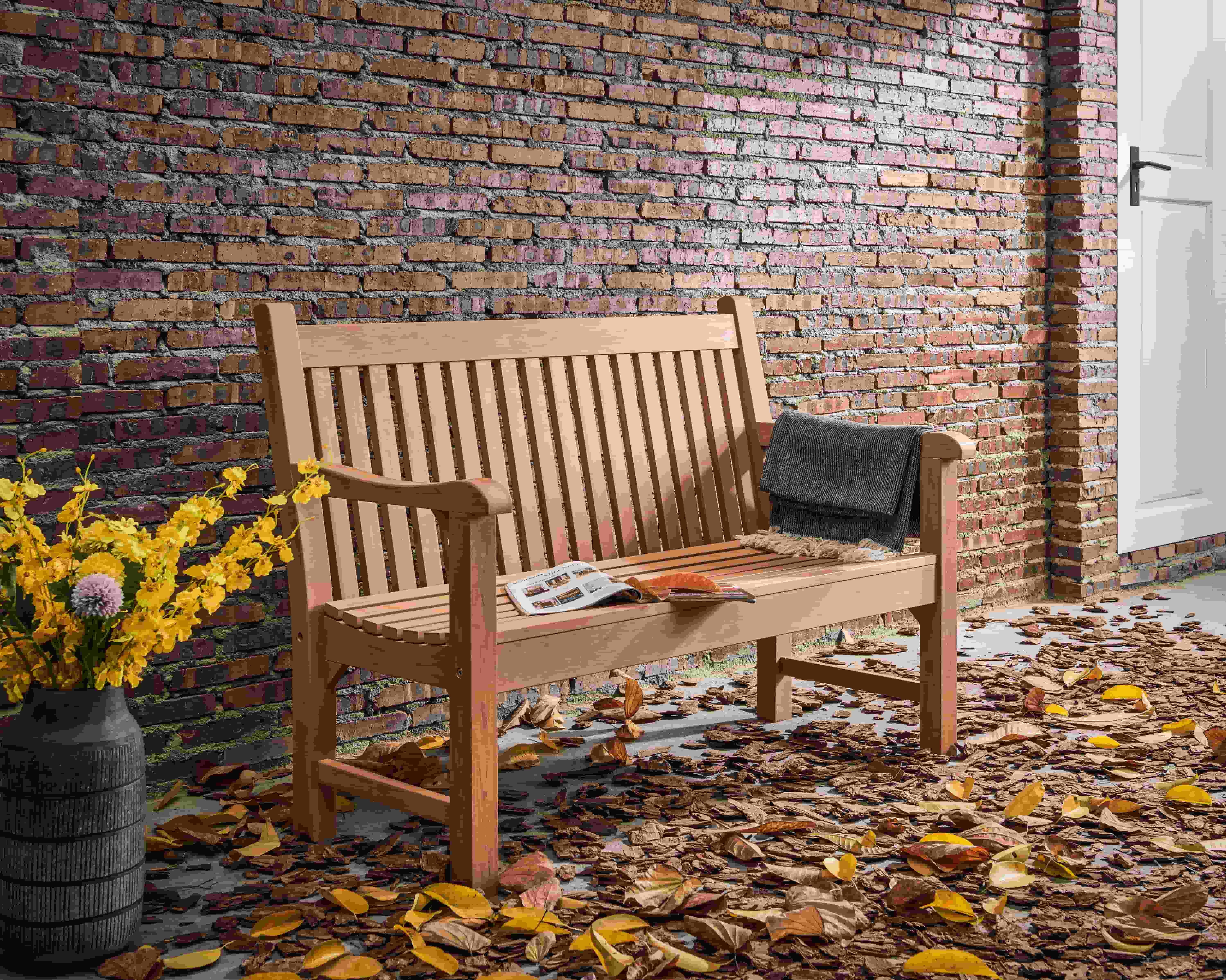 Garden Bench, 2-Person Poly Lumber Patio Bench, All-Weather Outdoor Bench That Never Rot and Fade, Memorial Bench Teak color