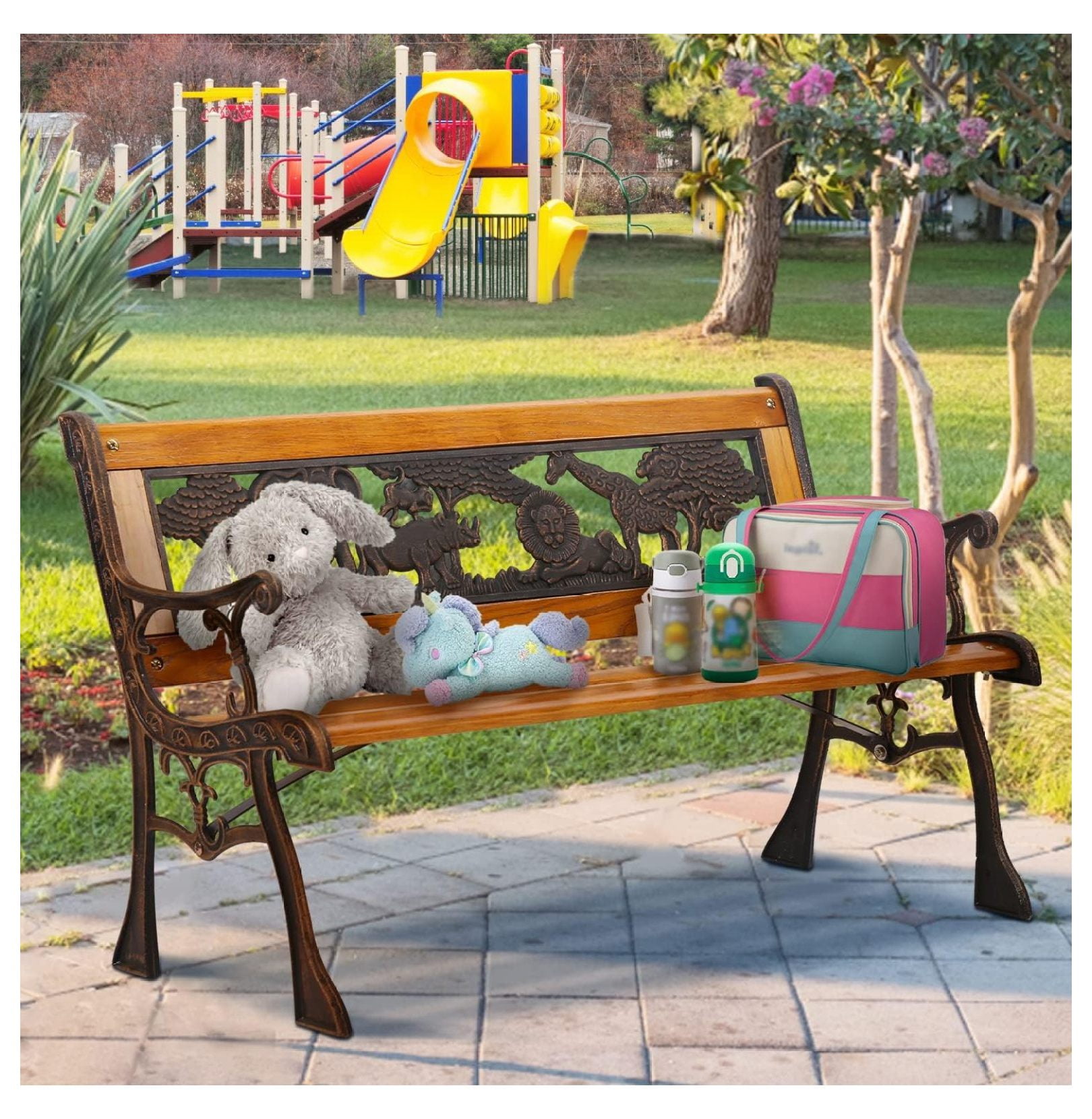 Garden Bench for Kids Small Park Bench Outdoor Children Patio Bench with Cast Iron Handrail Wood Lath Elephant Animal Carved Bench for Park Natural Walmart