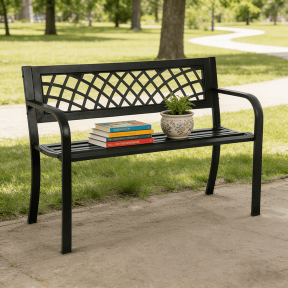 Garden Bench Patio Bench Outdoor Park Bench with Armrests, for Park Yard Deck Entryway, Black