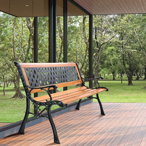 Garden Bench, Pine Park Bench Porch Bench with Diamond Weaving Backrest, 470 LBS Bearing Capacity, Weatherproof Outdoor Wood Bench for Backyard Deck Lawn Poolside