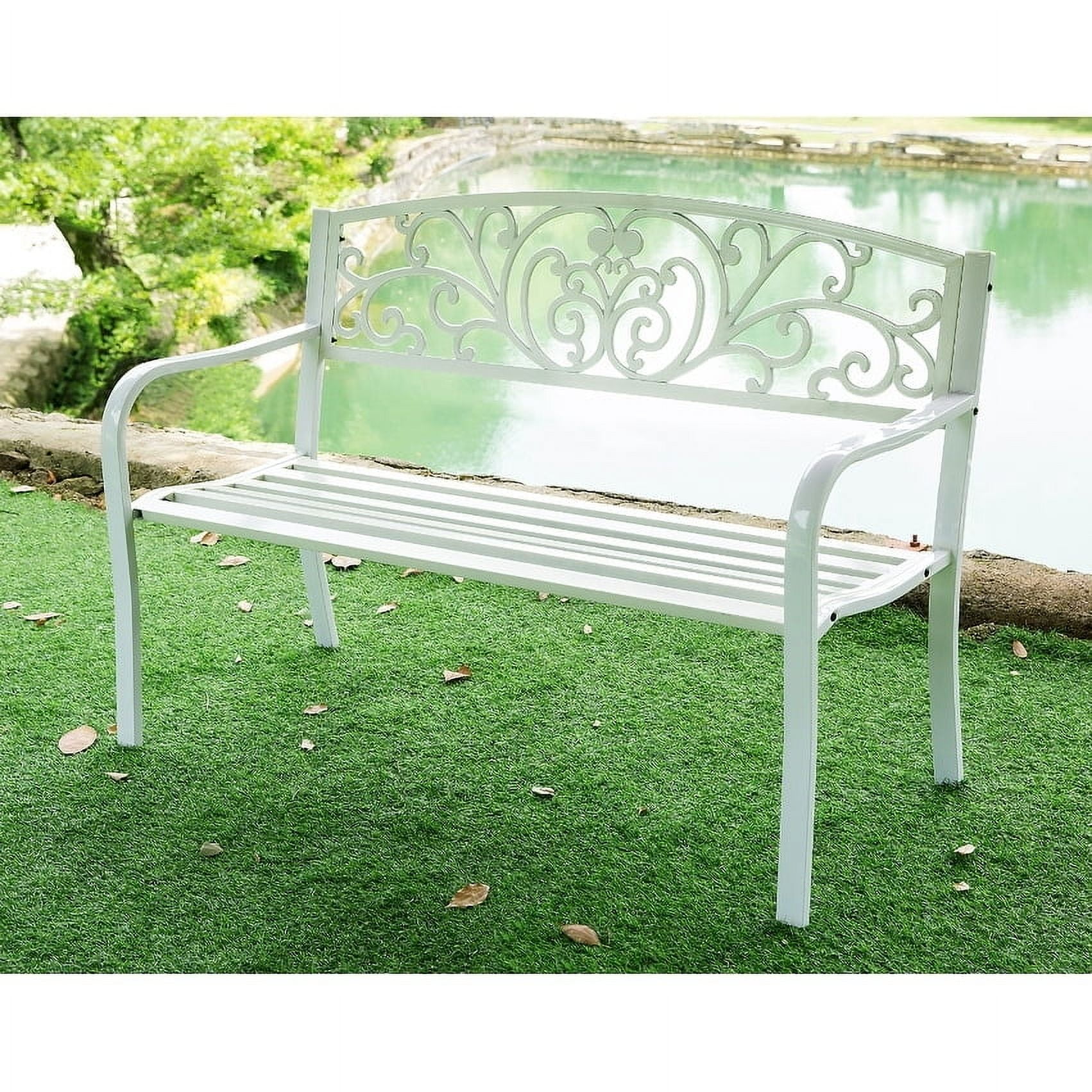 White Metal Outdoor Garden Bench with Scroll Backrest
