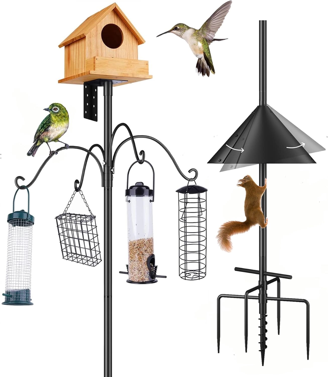 Garden Bird House Pole for Outdoor, BITNIN 92 Inch Heavy Duty Bird Feeder Pole Stand with Squirrel Proof Baffle 4 Shepherd Hooks, 5-Prong Base Bird Feeding Station Adjustable Height