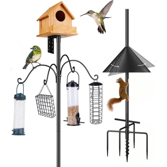 Garden Bird House Pole for Outdoor, BITNIN 92 Inch Heavy Duty Bird Feeder Pole Stand with Squirrel Proof Baffle 4 Shepherd Hooks, 5-Prong Base Bird Feeding Station Adjustable Height