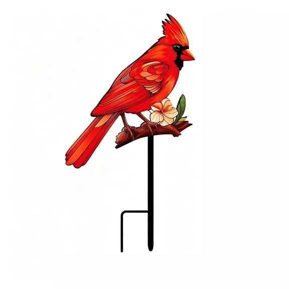Garden Bird Metal Ground Stake, Outdoor Bird Decorative Ground Insert, Flat Bird Design Lawn Ornament, Weather-Resistant Metal Garden Decoration, Suitable for Flower Beds & Lawns, Red