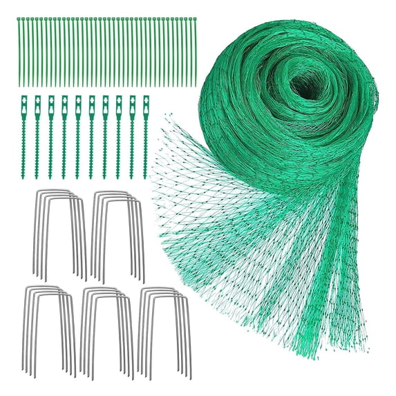 Garden Bird Netting Kit with Heavy Duty Green Mesh, 100 Zip Ties, 10 Garden Stakes, Plant Protection Net for Fruit, Vegetable, Flower, and Crop Gardens, Easy to Install and Reusable, 13x33 Feet