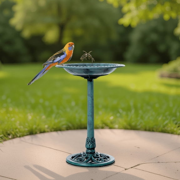 Garden Birdbath with Fleur-de-Lys Base and Scalloped Bowl, Weather-Resistant , Verdigris, 20 In x 27.5 In