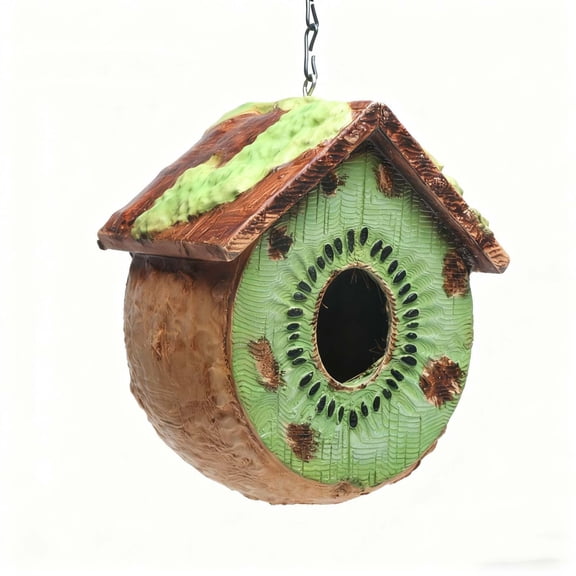 Garden Birdhouse Ornament Resin Decorative Sculpture Hanging Nest Outdoor Decor For Patio Yard Natural Wood Look With Rope 0.66Lb 1Pc
