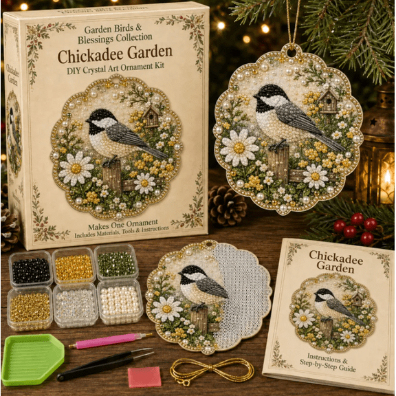 Garden Birds & Blessings Pearl Diamond Art Hanging Ornament Kit, Diameter Beginner Friendly All‑in‑One DIY Craft Set Chickadee Garden