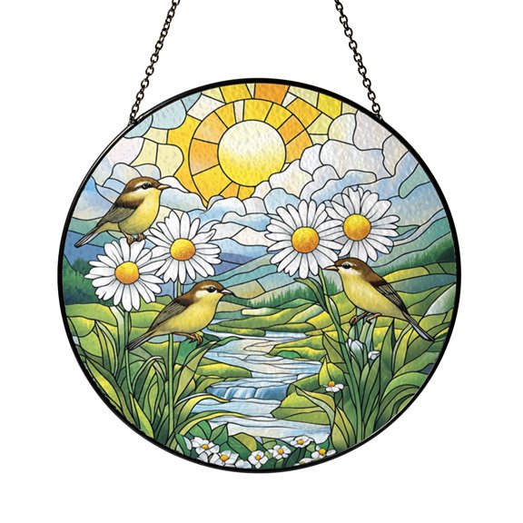 Garden Birds Daisies Stream Stained Glass Window Decor, Nature Inspired Gift