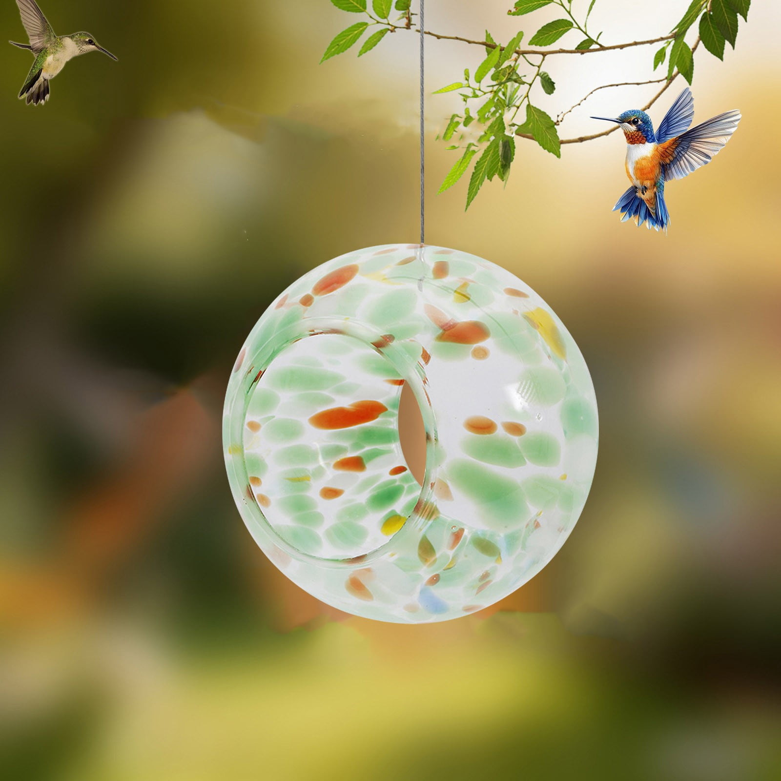 Garden Birds Feeder Stained Glass Outdoor Hanging Hummingbirds Feeder Circular Garden Decoration Pendant