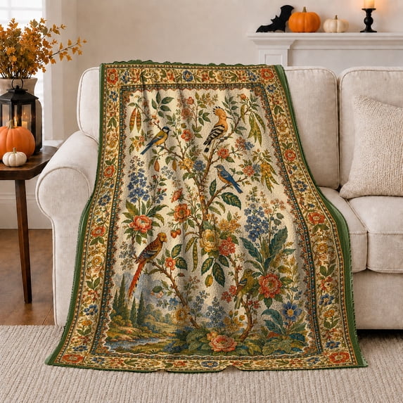 Garden Birds among Cream Wildflowers, Cheerful Folk Art Style for Bird Lovers, Vintage Meadow Scene and Housewarming Gift, Soft Flannel Blanket for Sunroom and Bedroom, Home Decor