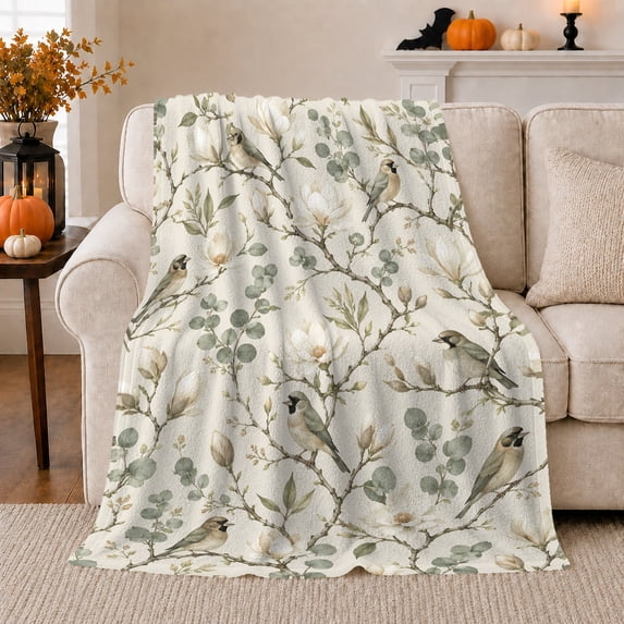 Garden Birds among Magnolia Branches, Peaceful Botanical Style for Bird Lovers, Vintage Cream Garden and Mother's Day Gift, Soft Flannel Blanket for Sunroom and Reading Nook, Home Decor