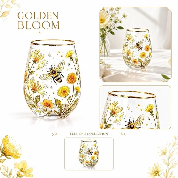Garden Boho Glassware Floral Tumbler With Hand Painted Bee And Wildflower Pattern, Gold Rim Handleless Clear Glass Cup For Hot And Cold Drinks And Table Decor, 1 Piece