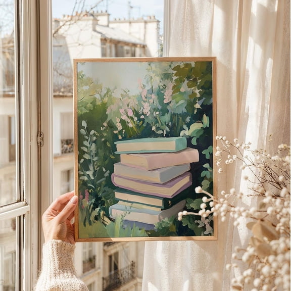 Garden Bookstack Whimsical Library Decor Wall Art Unframed Paper Print