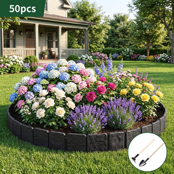 Garden Border Edging, 50 Pcs Stone Look Plastic Lawn Edging, Black