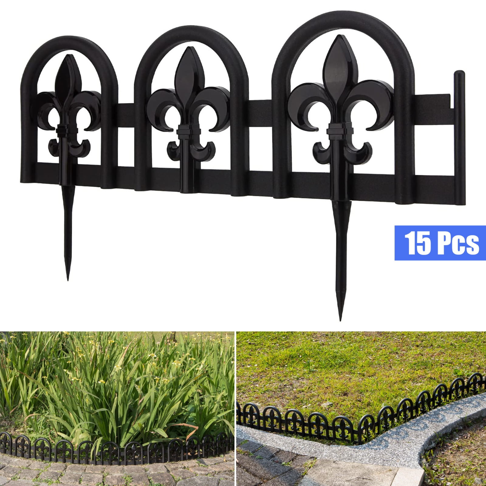 Black Plastic Garden Border Edging No-Dig Wrought Iron Look – 15pcs Fence Kit, 20ft Lawn Barrier