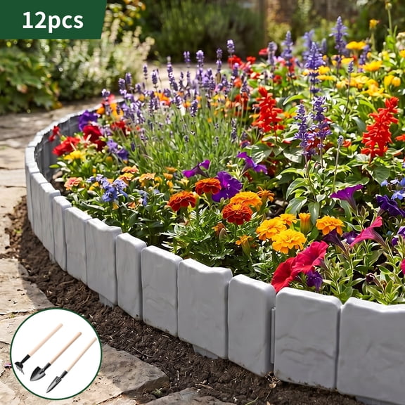 Senmeo 9 in x 10 in Stone Gray Plastic Garden Border Edging 12 Count