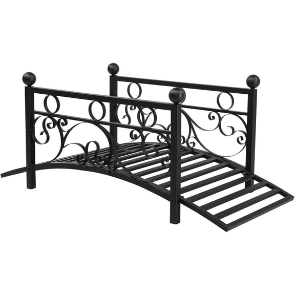 Garden Bridge Metal Yard Arch Path Bridge with Patterned Guardrails, Ourdoor Decorative Black Iron Foot Bridge for Pond and Backyard Landscaping$$Garden & Patio