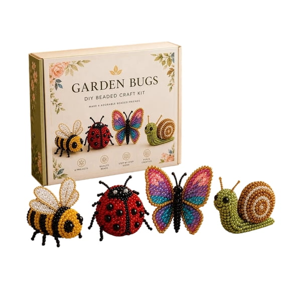 Garden Bugs 3D Beaded DIY Craft Kit, 4-Piece Handmade Beading Set, Create Bee, Ladybug, Butterfly & Snail Figurines, Relaxing Art Project for Adults & Teens, Home Decor & Gift Idea