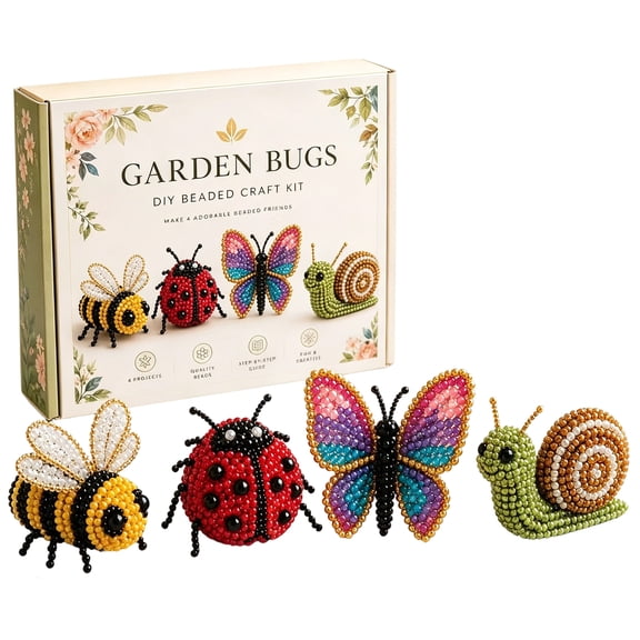 Garden Bugs 3D Beaded Insect DIY Craft Kit, All-In-One Beginner Complete Bead Craft Supplies, Makes 4pcs Bee Ladybug Butterfly Snail Bead Figurines for Handmade Hobby & Holiday Birthday Gift