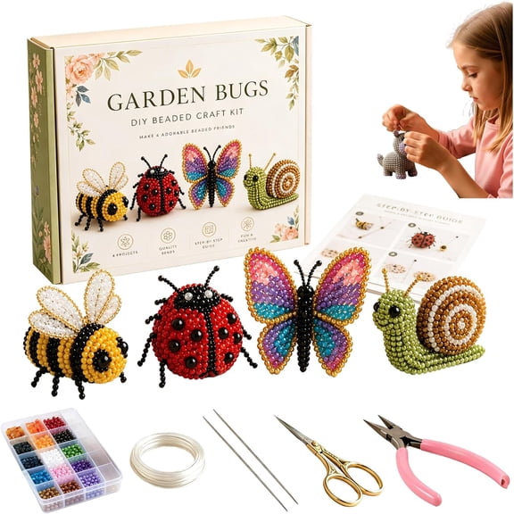 Garden Bugs DIY Beaded Craft Kit, 4-Piece Insect Beading Set with Bee, Ladybug, Butterfly & Snail, All-Inclusive Beginner Craft Kit for Adults & Teens