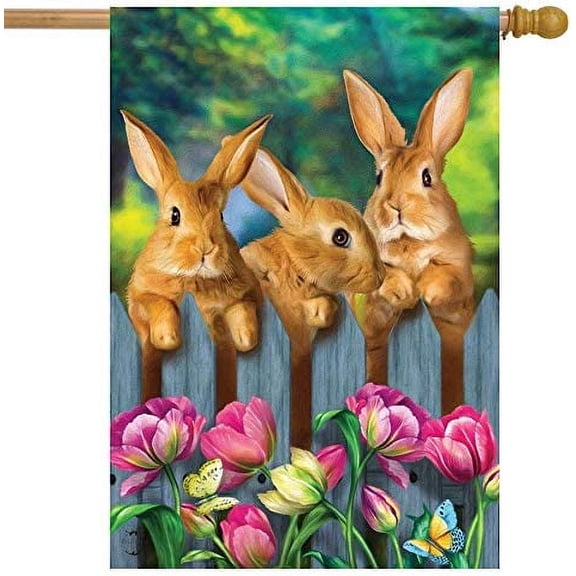 Garden Bunnies Spring House Flag Tulips Easter Rabbits 28" x 40"