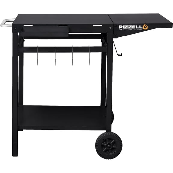 Garden Cart 2 Layers Grill Cart for Outdoor Foldable Shelf Worktable Outside Kitchen Pizza Oven Stand Trolley with Handle, Wheels, and Hooks