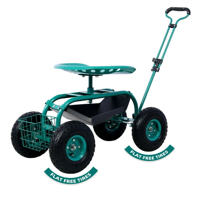 Garden Cart Rolling Scooter, BTMWAY Patio Gardening Stool Work Seat with Tool Tray, Garden Cart