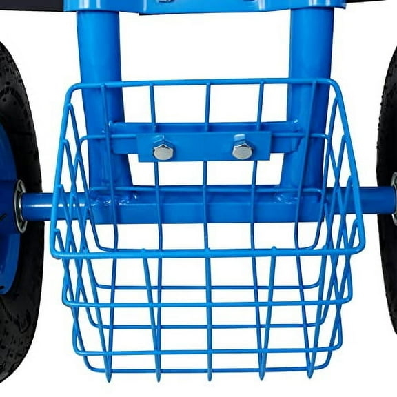 Garden Cart Rolling Scooter with Extendable Steering Handle, Patio Wagon Scooter for Planting, Rolling Gardening Seat Cart with Wheels, Tool Tray and Basket (Blue)