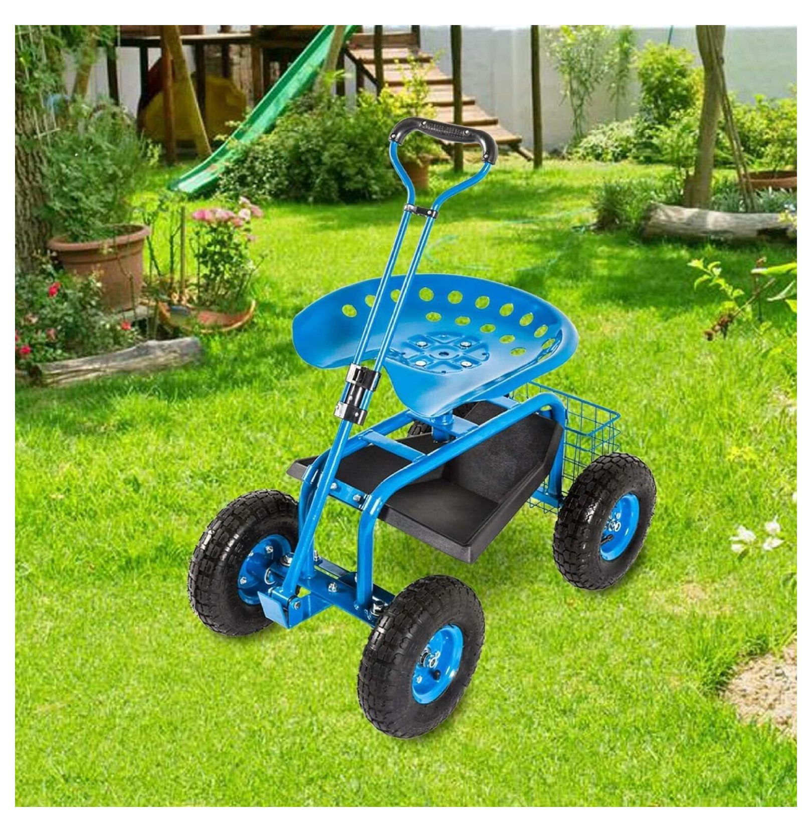 Garden Cart Rolling Scooter with Extendable Steer Handle Heavy Duty