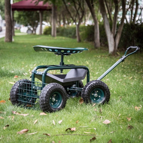 Garden Cart with Rolling Seat and Tool Tray Heavy Duty Steel Frame for Lawn Care