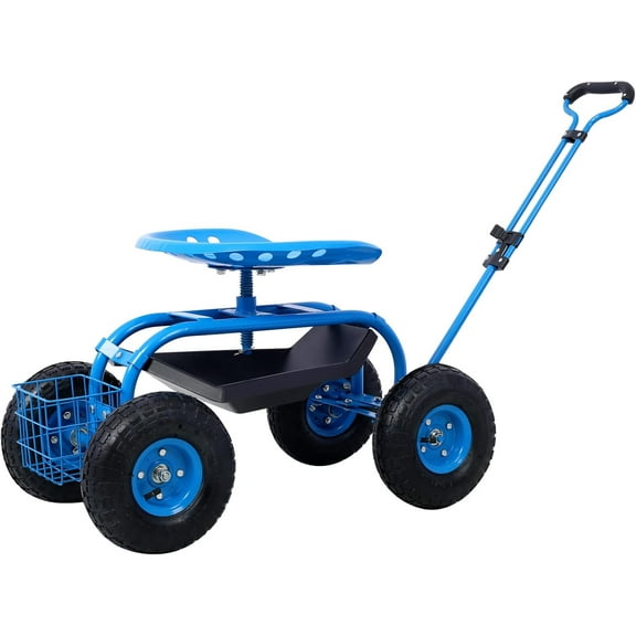 Garden Cart with Seat, Heavy Duty Rolling Garden Scooter Gardening Work Stools w/Height Adjustable Seat and Wheels, Wagon Scooter for Planting Outdoor Patio Lawn Yard (Blue)