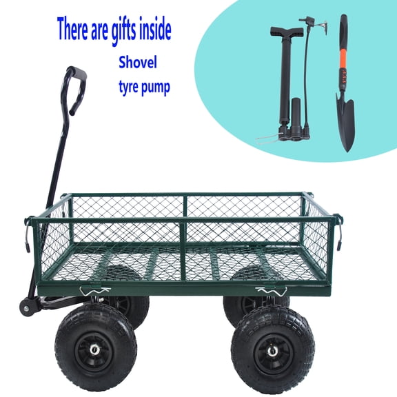 Garden Cart, Steel Lawn Utility Cart Wagon Cart with 10'' Rubber Tires and Removable Sides, Green