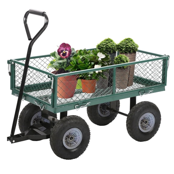 Garden Cart Wagon Heavy Duty 500 Lbs Capacity Mesh Steel Garden Cart Folding Utility Wagon with Removable Sides and All-Terrain Wheels, Green