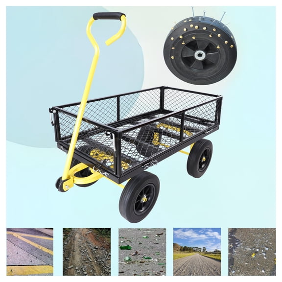 Garden Cart with Solid Wheels - Heavy Duty Utility Wagon for Yard, Farm & Home - Black & Yellow Tool Cart - Firewood, Debris & Fertilizer Transport