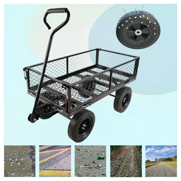 Garden Cart with Solid Wheels - Heavy Duty Utility Wagon for Yard, Farm & Home - Multi-Purpose Tool Cart for Firewood, Debris & Supplies