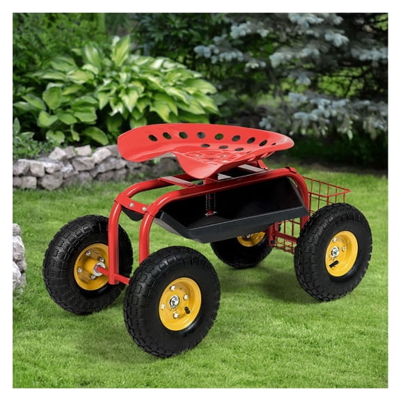 Garden Cart with Tool Tray - Heavy Duty Rolling Garden Seat - Outdoor Work Cart - 330lbs Capacity - Red/Green