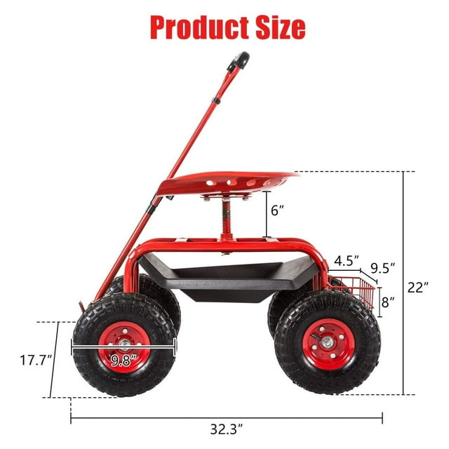 Garden Cart with Tool Tray and Storage Basket on Wheels Rolling Work