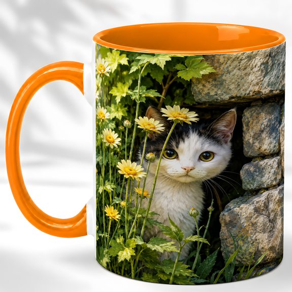 Garden Cat Coffee Mug, Daisy Flower Mug, Ceramic 11 oz