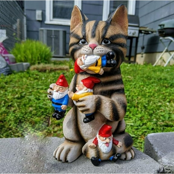 Garden Cat Eating Gnomes Massacre Statues Decor,Sturdy Funny Garden Ornaments for Outdoor Patio Lawn Yard