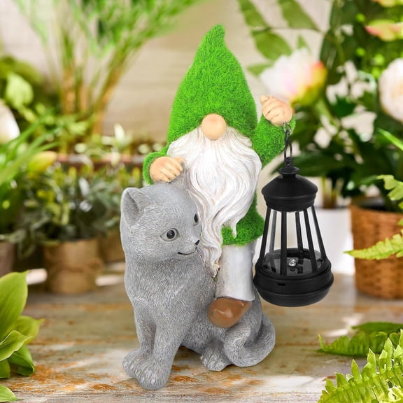 Garden Cat Gnome Decorations for Yard with Solar Lights,Resin Flocked Gnome Figurine Holding Latern,Outdoor Gnomes Decorations for Yard Patio Lawn Porch, Garden Gifts for Mom$$Garden & Patio
