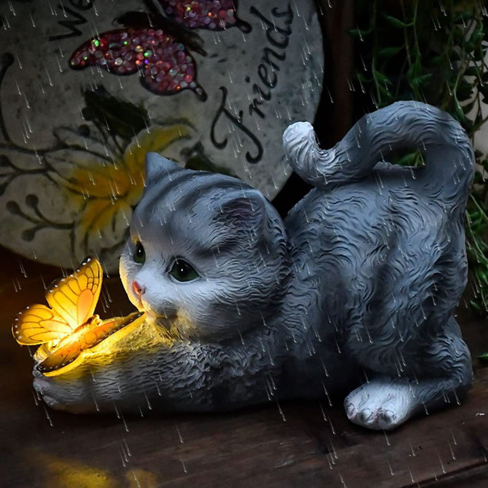 Garden Cat Holding Glowing Sculpture Gray And Yellow Hippo Garden