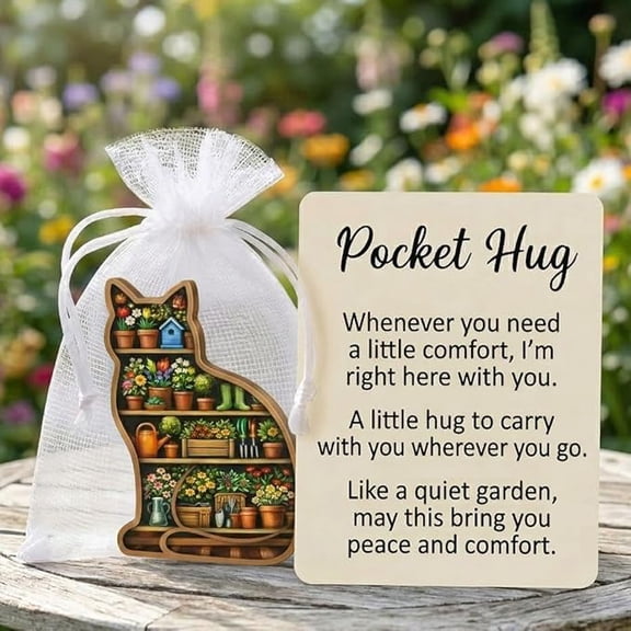 Garden Cat Pocket Hug Comfort Token Acrylic Gift Keepsake Cat Lover Inspirational Message Card Friendship Support Healing