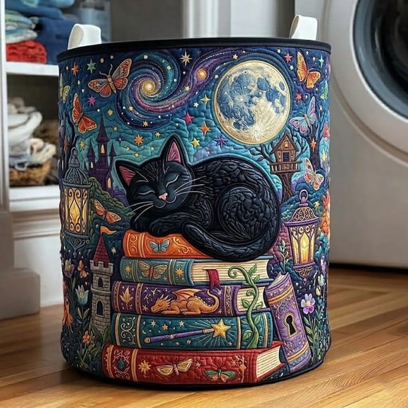 Garden Cat Quilted Laundry Basket: Whimsical Cat Bookshelf Hamper