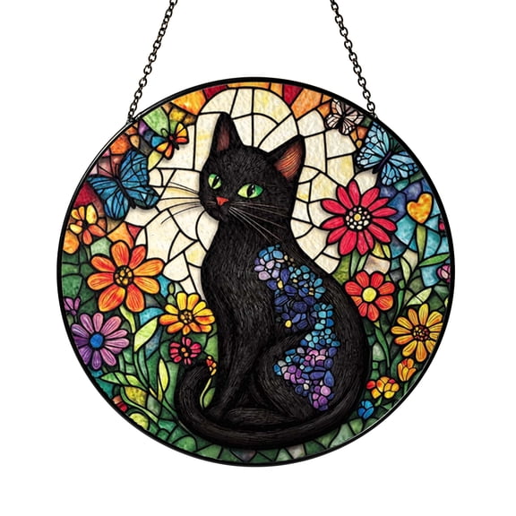 Garden Cat Stained Glass Style Panel – Artistic Window Accent