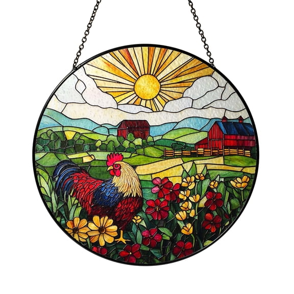 Garden Chicken Window Hanging Decor, Stained Glass Style Farm Animal Suncatcher Panel for Rustic Home