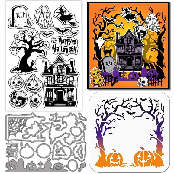 Garden Clear Silicone Stamp Metal Haunted House Cutting Die Cuts Pumpkin Ghosts Paint Craft Stencils DIY Halloween Garden
