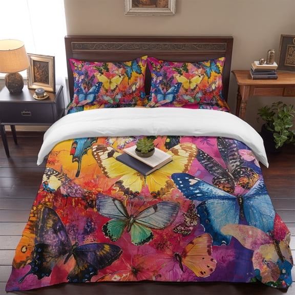 Garden Colorful Wings Butterfly Queen Size Bed Set,Watercolor Insects Bedding for All Seasons,4 Pcs Bed Set,1 Quiltcover (90"x90"),1 Sheet (90"x102"),2 Pillowcases (20"x30")