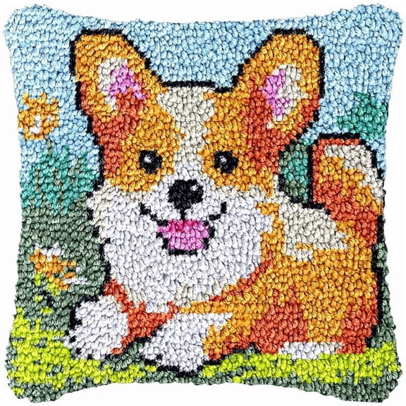 Garden Corgi Latch Hook Kits Pillow DIY Rug Crochet Hook Cushion Making Kits with Preprinted Pattern Canvas Instruction Yarns and Latch Hooking Pillow Cover Easy to Starter DIY Kits 43x43cm