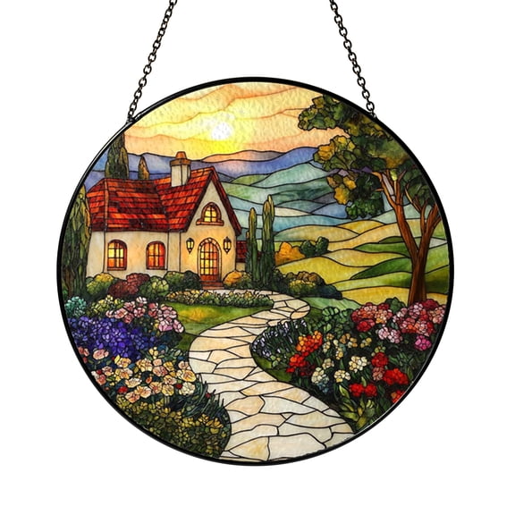 Garden Cottage Window Hanging Decor, Stained Glass Style Fantasy Spring Suncatcher, Decorative Glass Panel for Windows